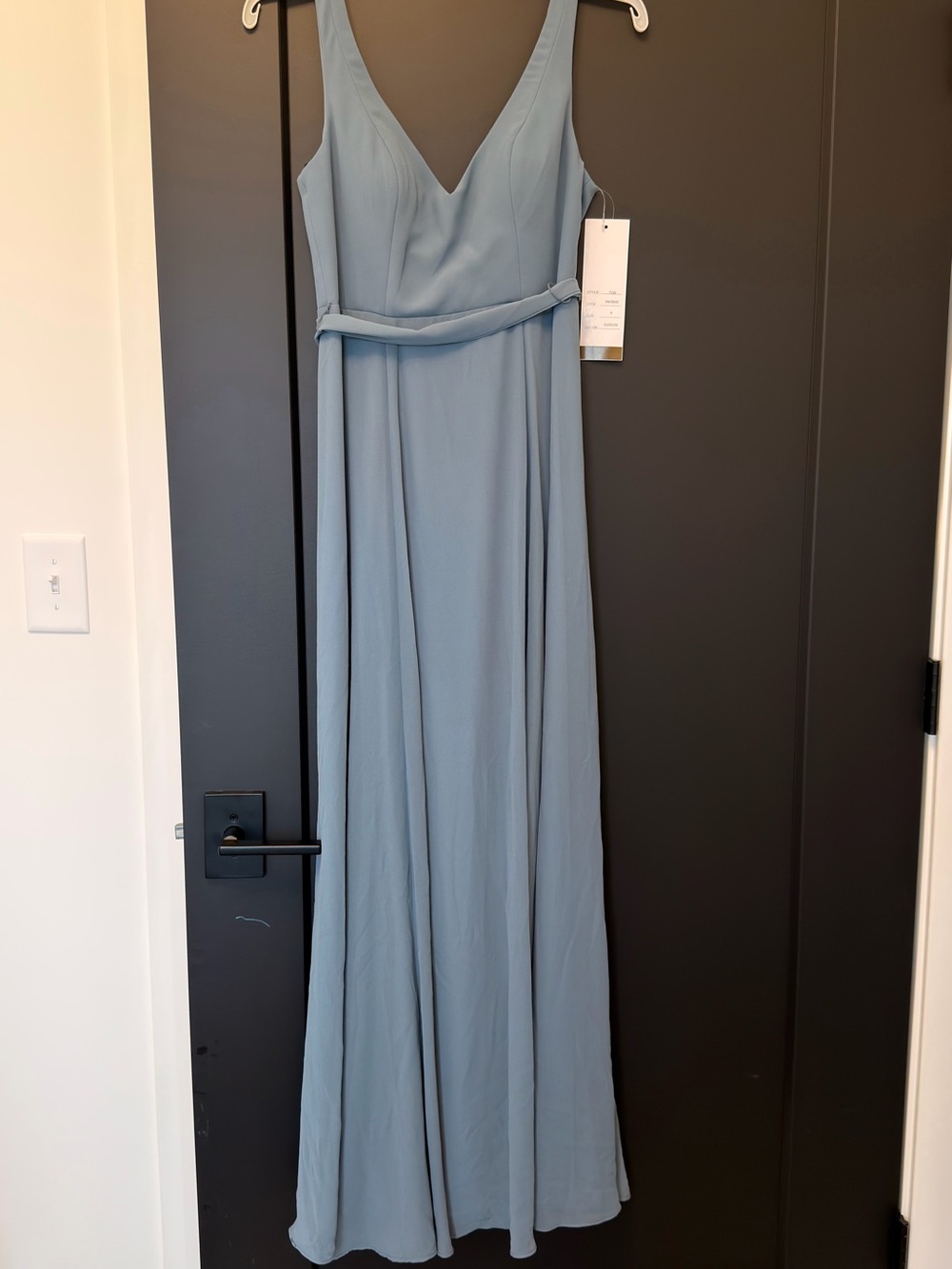 Bill Levkoff Dusty Blue V-Neck Maxi Dress with Waist Tie